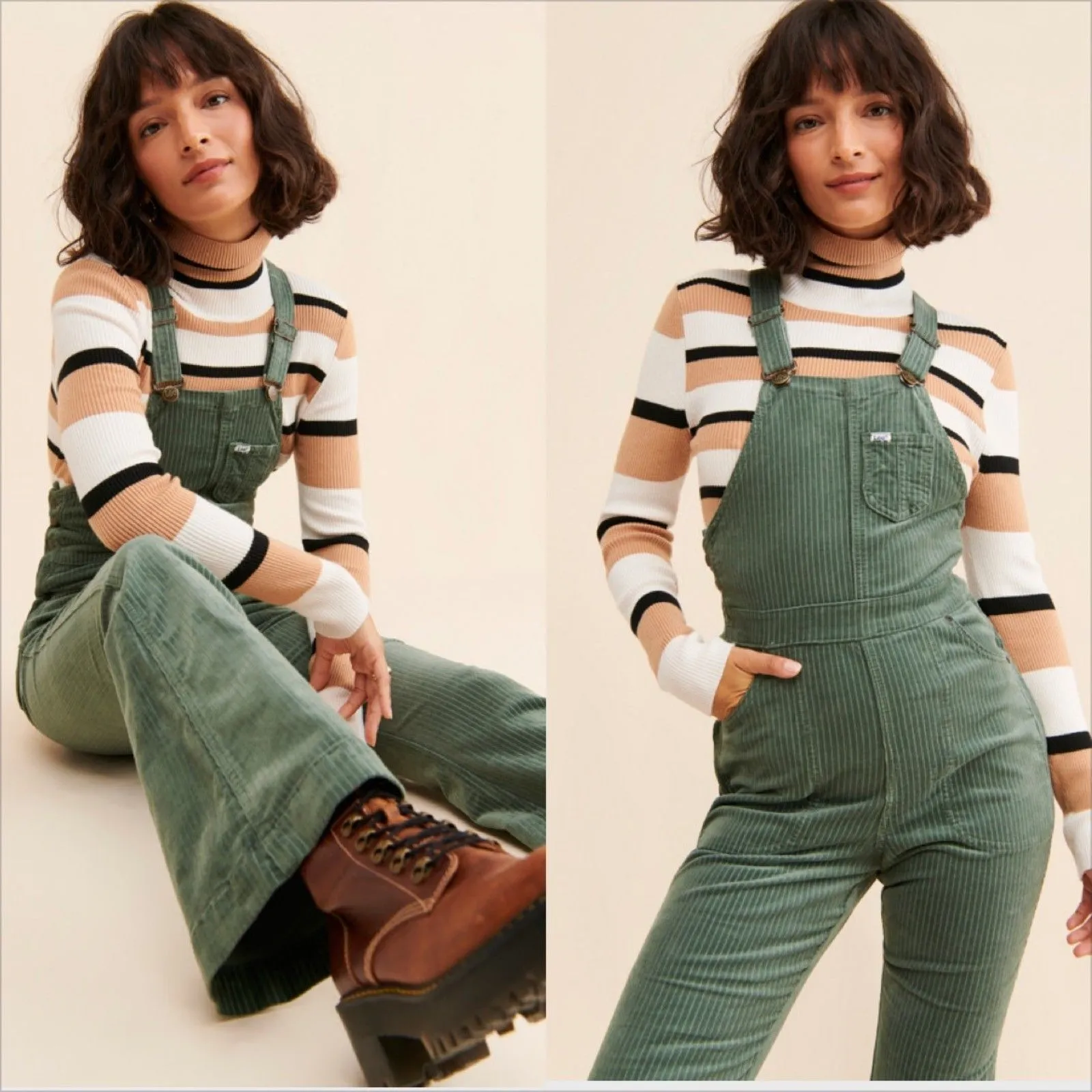 Free People Lee Factory Flare Cord Overalls Size Medium Green Retro Stretch - Image 3