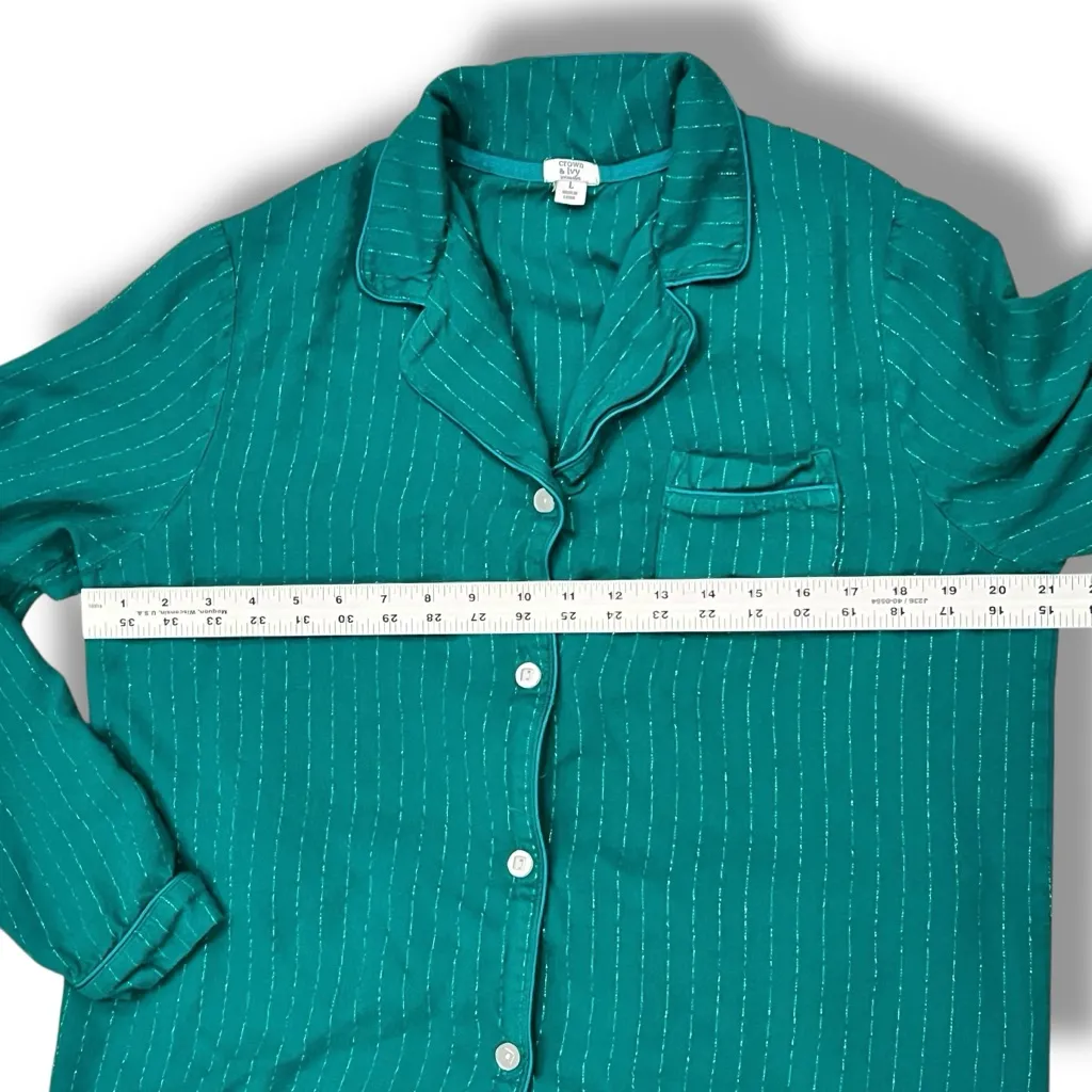Crown & Ivy Women’s Pajama Set Size L Green Silver Stripe Cotton Preppy Classic - Image 5