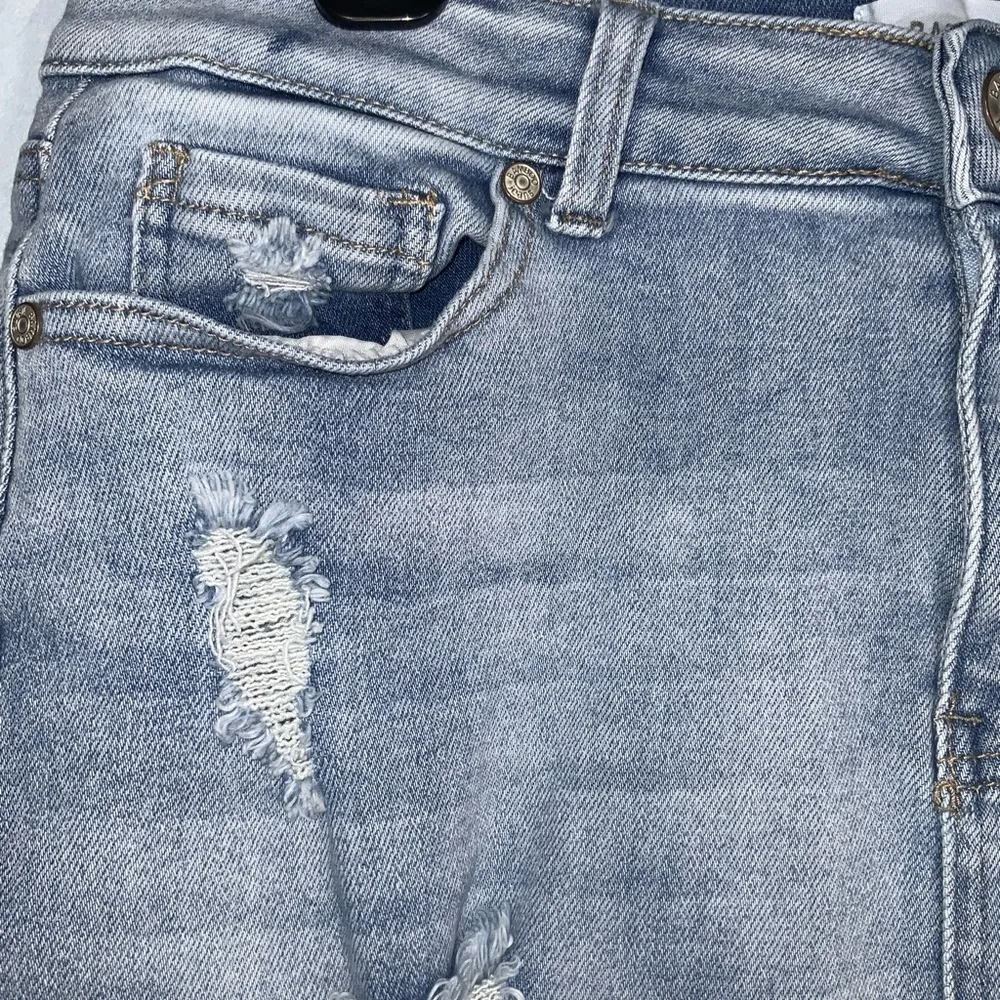 Bamboo Mini Blue Denim Distressed Fringe Hem Jean Skirt Jr’s Size 11 - Image 4