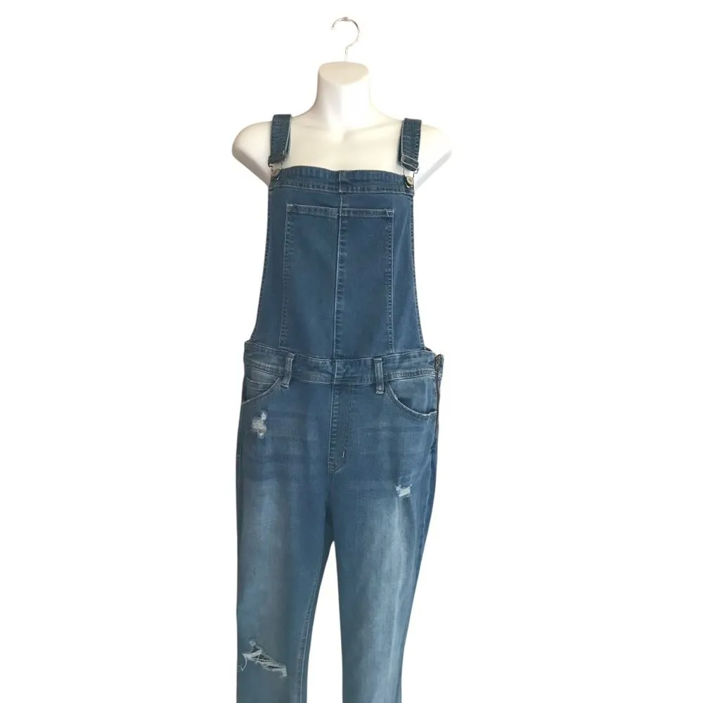 KanCan Mid Wash Distressed Denim Overalls Blue Size XL - Image 3