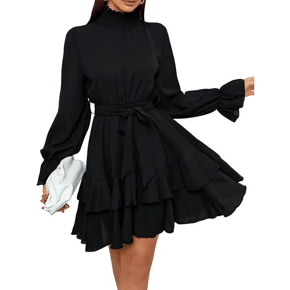 NEW Elegant High Neck Flounce Sleeve High Waist Ruffle L NO BELT - Image 3