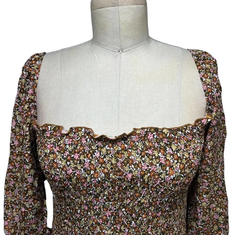 Faithfull The Brand Es‎ Saada Floral Smocked Dress Brown Pink Size 2 - Image 4