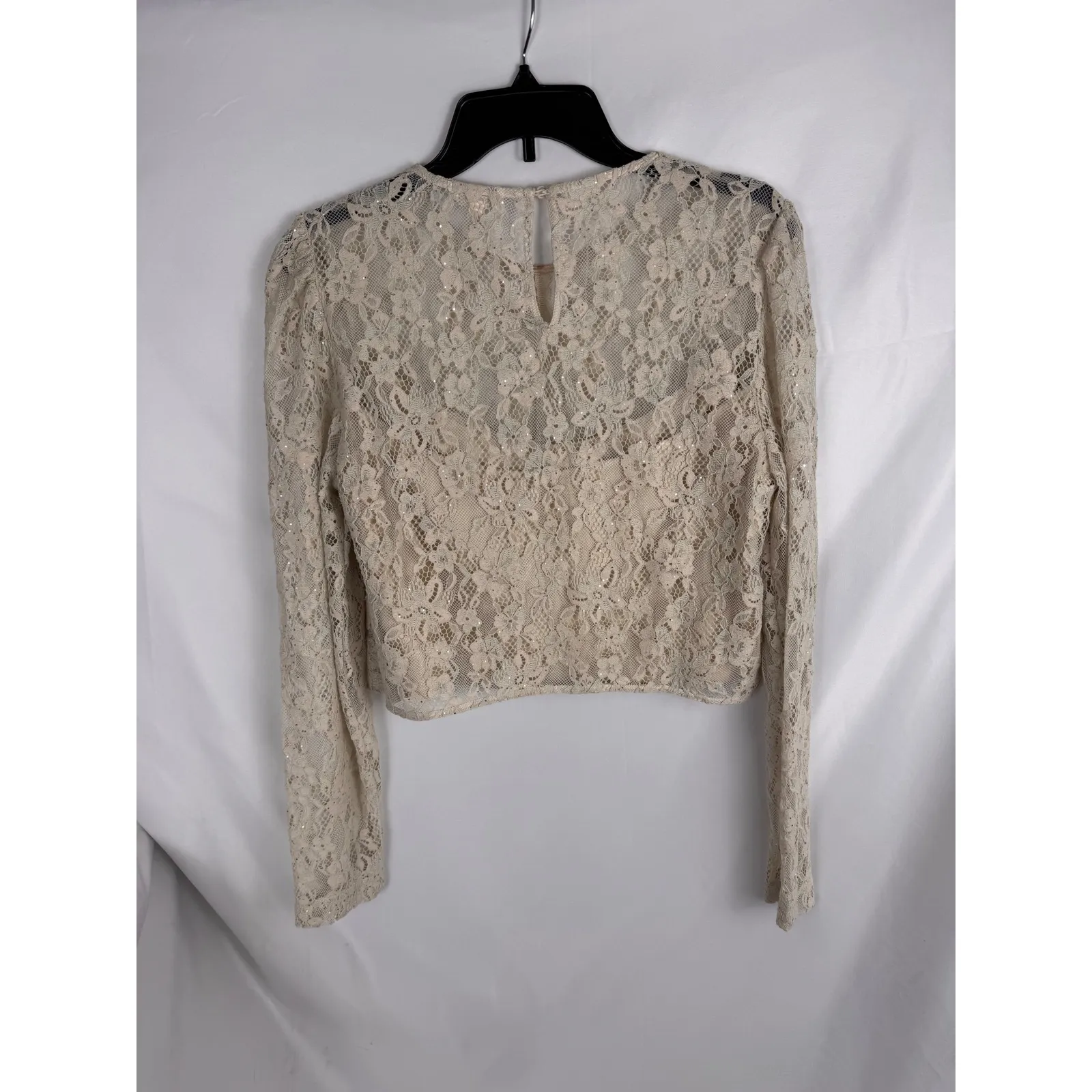 Guess Lace Crop Top Long Sleeve Pearl‎ Oyster Multi Waist Tie XL - Image 4