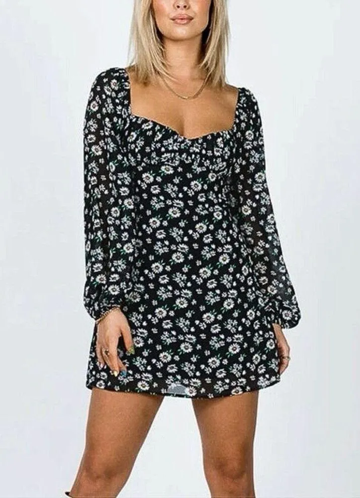 Princess Polly Black Daisy Floral Long Sleeve Mesh Smocked Mini Dress Size 2 - Image 2