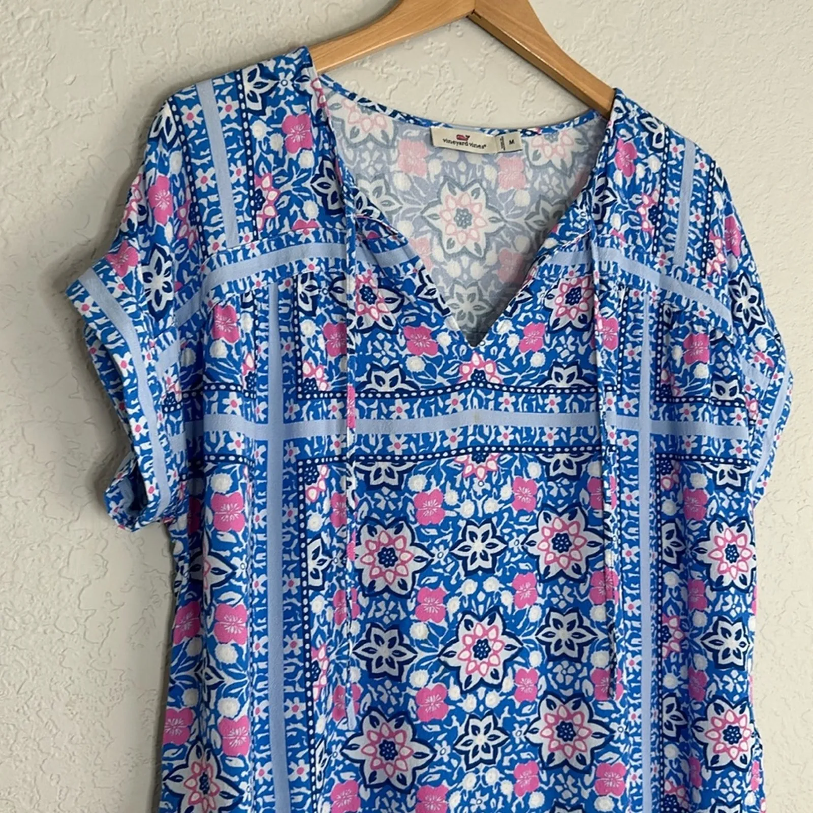 Vineyard Vines Bloom Scarf Blue Printed Top Blouse Medium Coastal Boxy Garden - Image 3