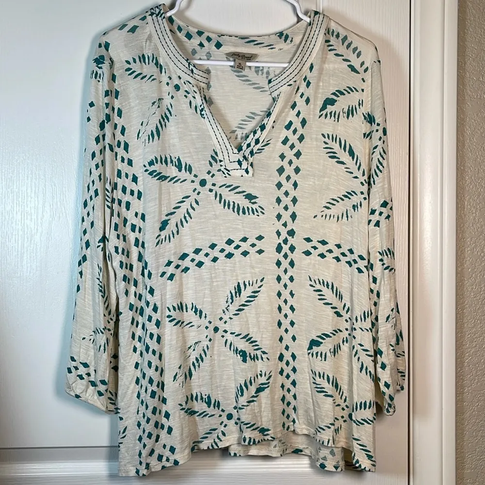 Lucky Brand Long Sleeve Teal Cream V-Neck Blouse Size XL EUC #0520-OC - Image 2