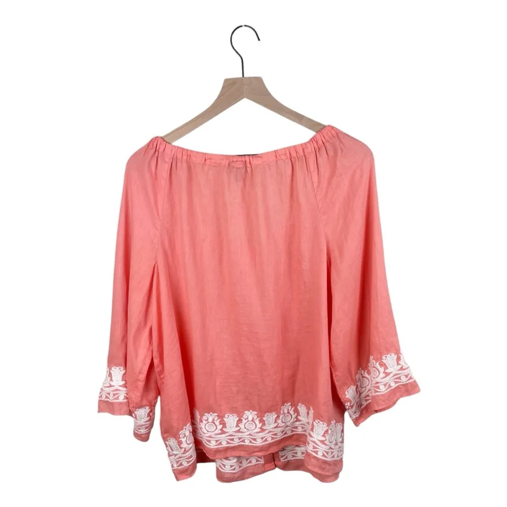 Talbots Petites Coral Linen Embroidered Peasant Top Size Large Button Front Boho - Image 2