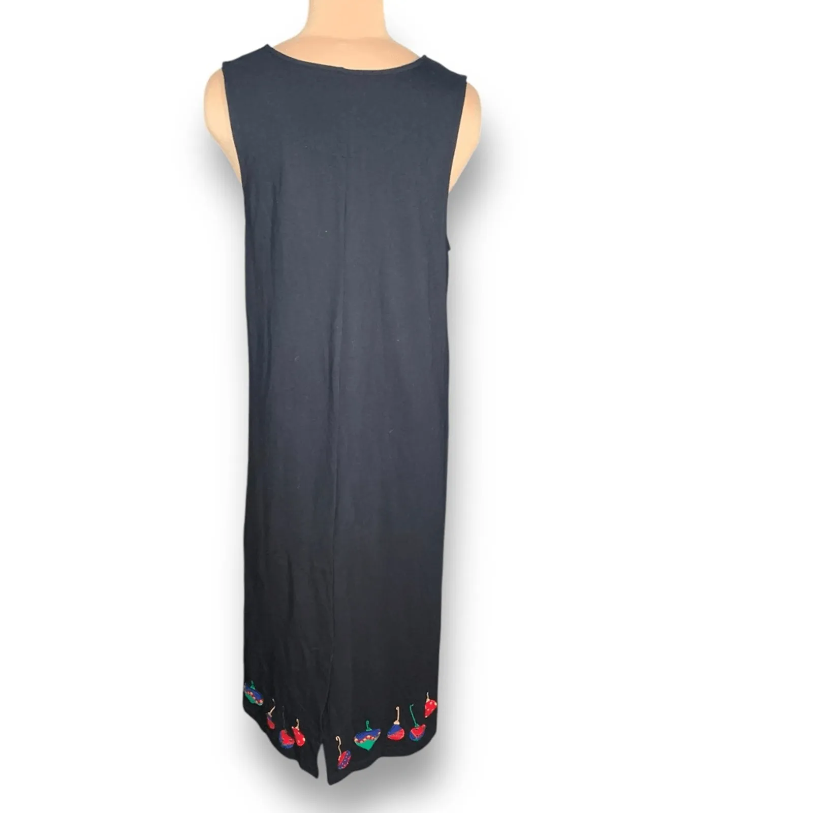 Vintage 90s Black Christmas Tree Embroidered Sleeveless Maxi Dress Festive Size L - Image 3