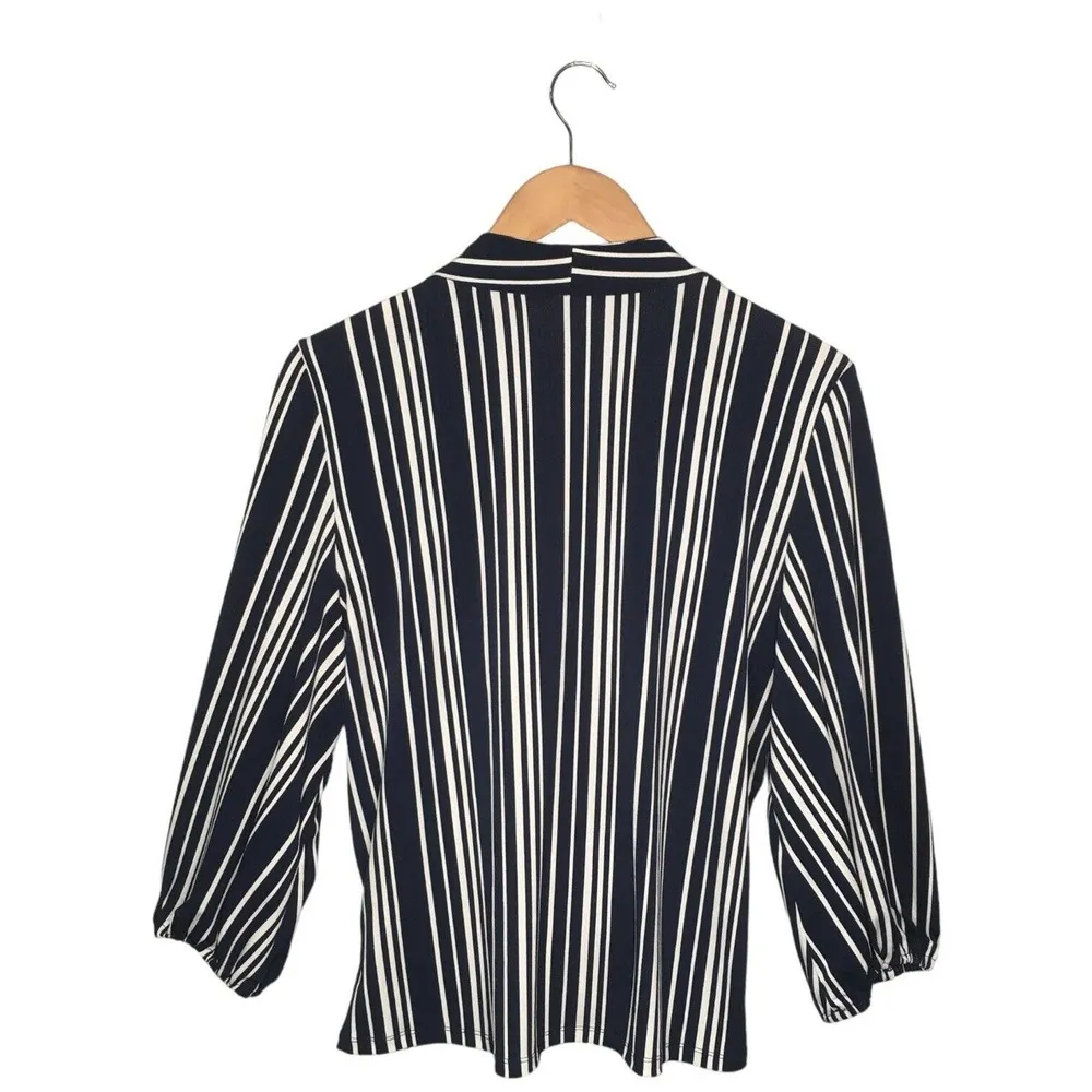 Adrianna Papell Faux Wrap Striped V Neck Career Blouse Blue L - Image 4