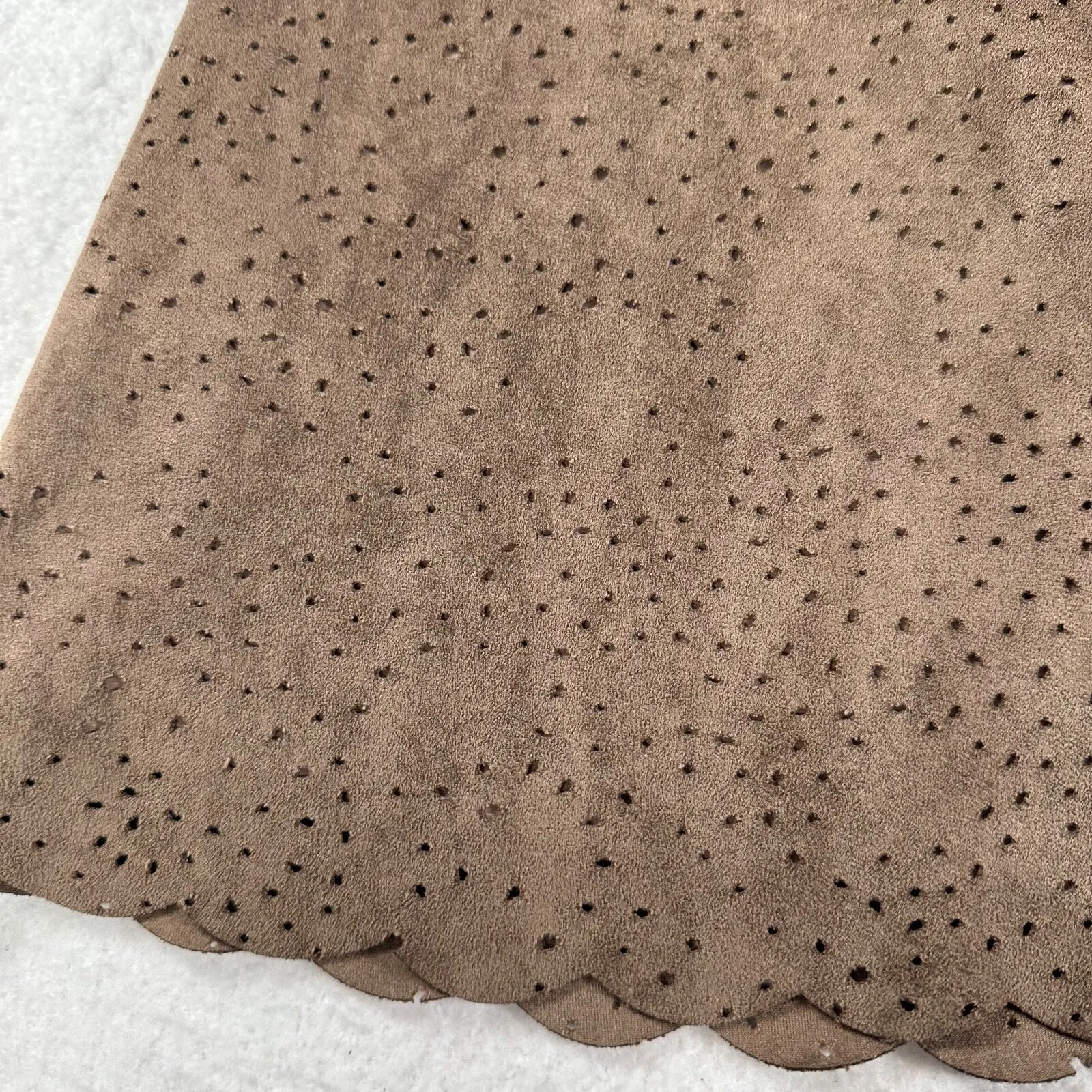 BCBG MAXAZRIA Mini Skirt Small Mocha Brown Sheryl Faux Suede Perforated Scallop - Image 2