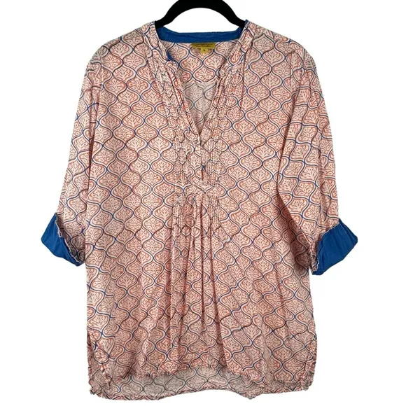 ROBERTA ROLLER RABBIT Small 100% Cotton Orange White & Blue Printed VNeck Blouse - Image 1