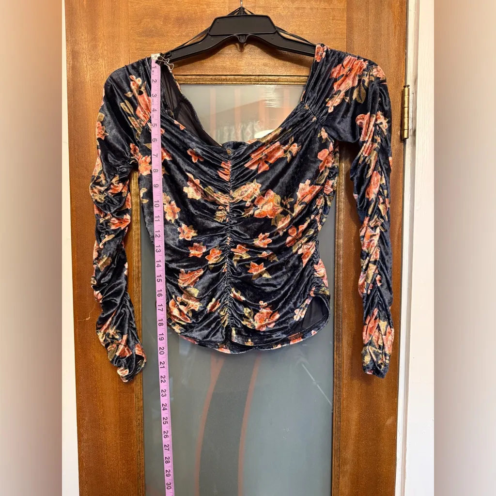 Free People Reina Ruched Floral Velvet Long Sleeve Off The Shoulder Top Blouse - Image 8