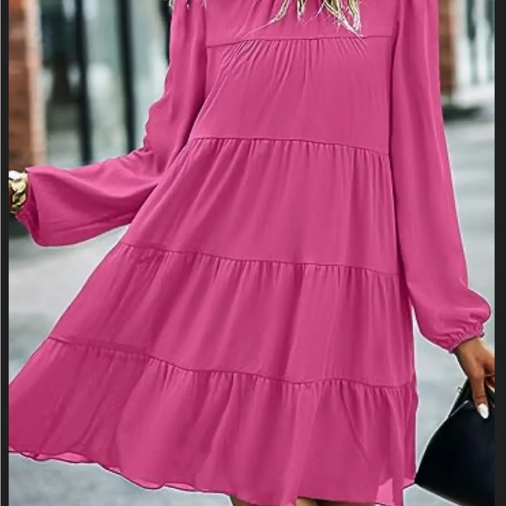 KIRUNDO Long Sleeve Ruffle Mock Neck Tiered Mini Babydoll Dress Pink Size L - Image 5