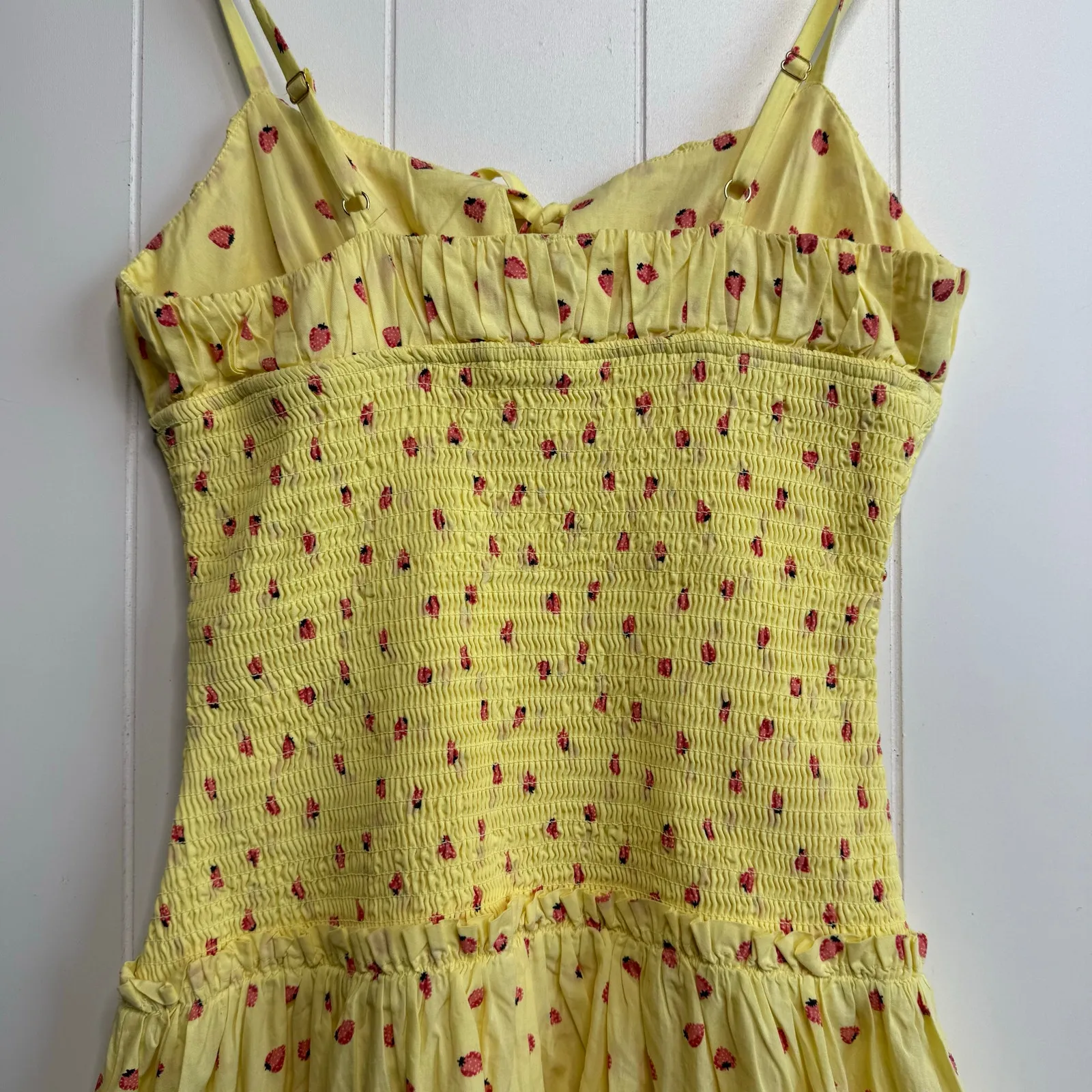 Free People dress midi smocked cotton pleated strawberry print Medium - Image 6