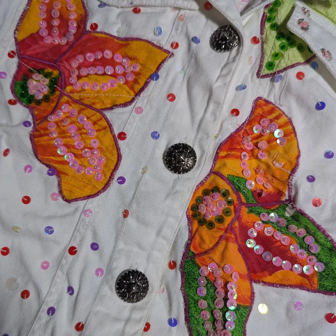 Vtg Y2K Alex Ku White Cotton Orange Floral Applique Sequin Denim Jacket P L Size undefined - Image 3
