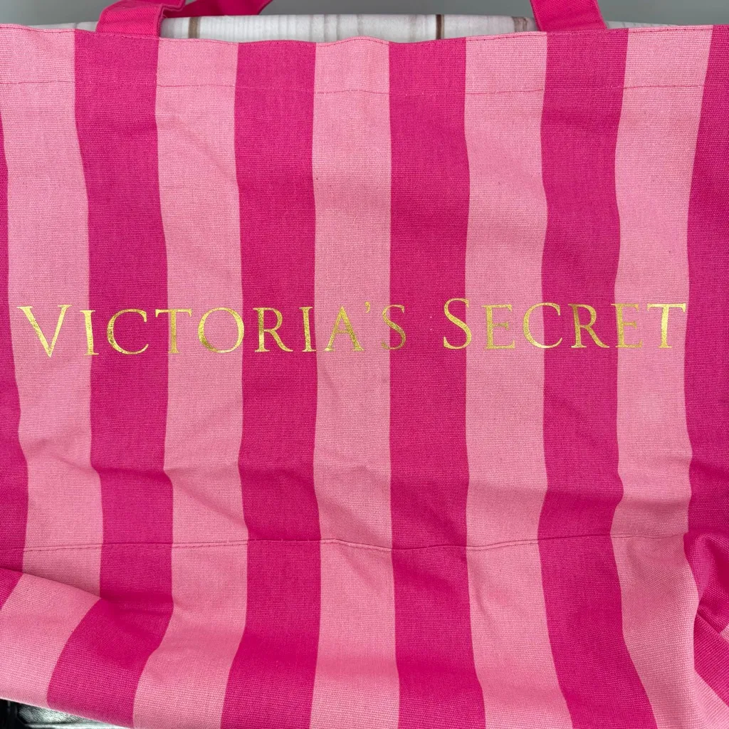 Victoria's Secret Pink Striped Large Tote and Accessory Bag Tags Beach Travel - Image 3