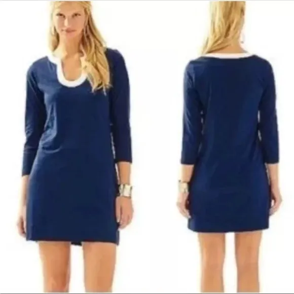 LILLY PULITZER MARLINA NAVY BLUE WHITE PIMA COTTON TSHIRT DRESS XS - Image 2