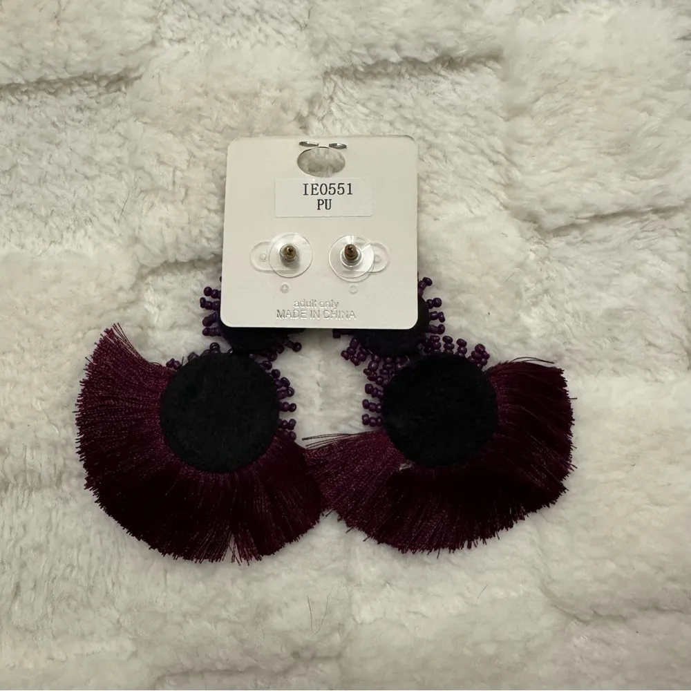 Bohemian Purple Beaded Drop Earrings, Three Tiered, Statement Fringe - Image 3