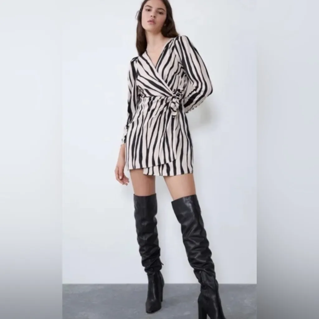 ZARA Zebra Print Satin Wrap Mini Dress w/ Tie Ruched‎ Cuffs Black & Ecru Medium - Image 2