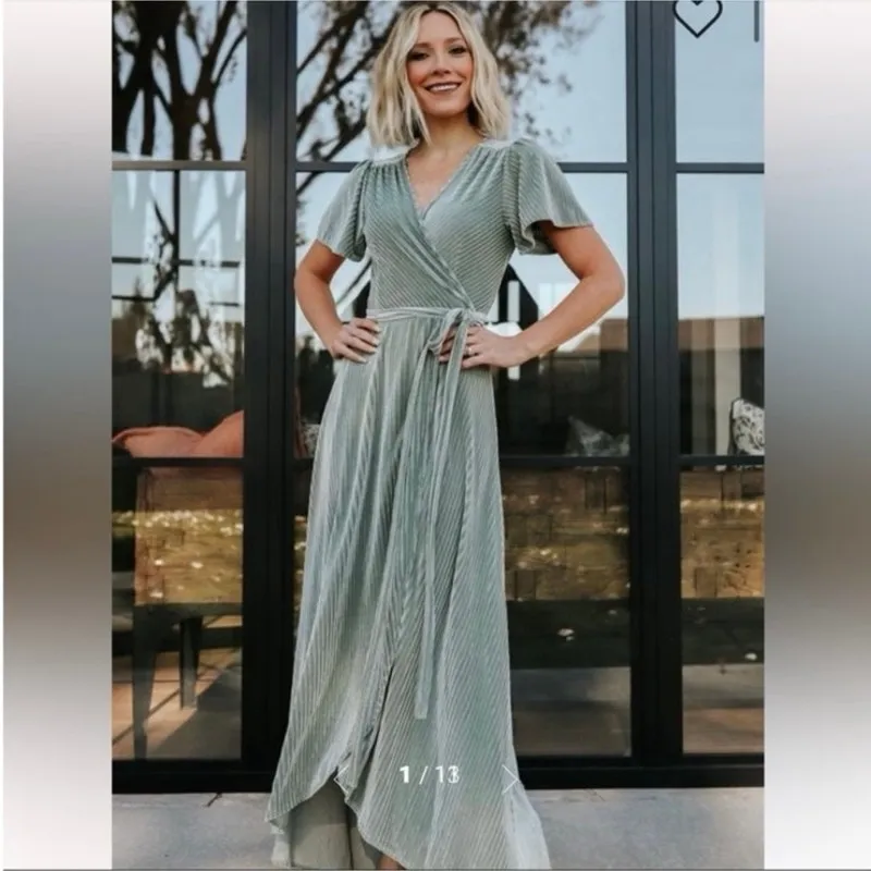 Baltic Born Andi Ribbed Velvet Wrap Maxi Dress XL Green - Image 7