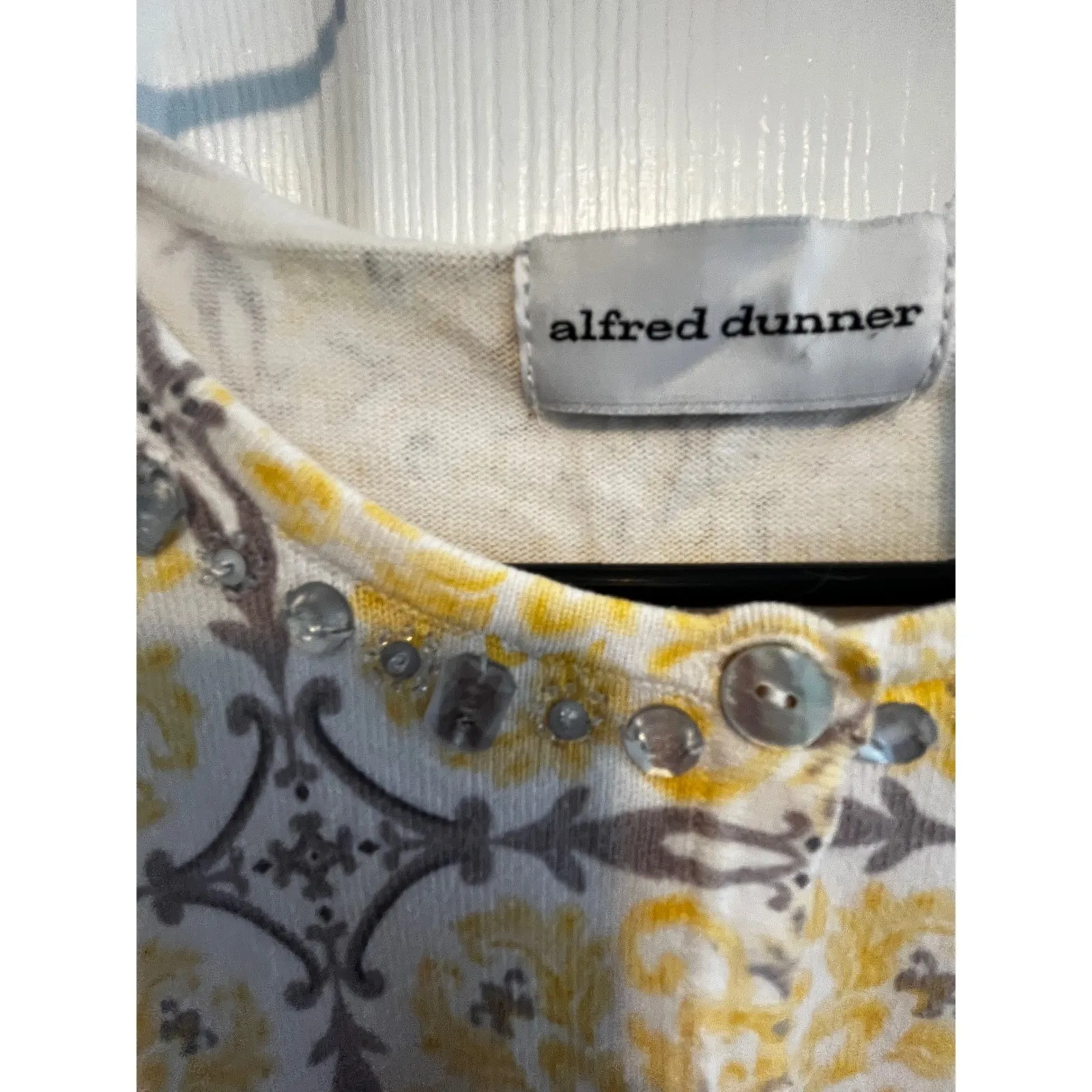 Alfred Dunner Cardigan Top Yellow Gray Floral Embellished Neckline Size S - Image 6
