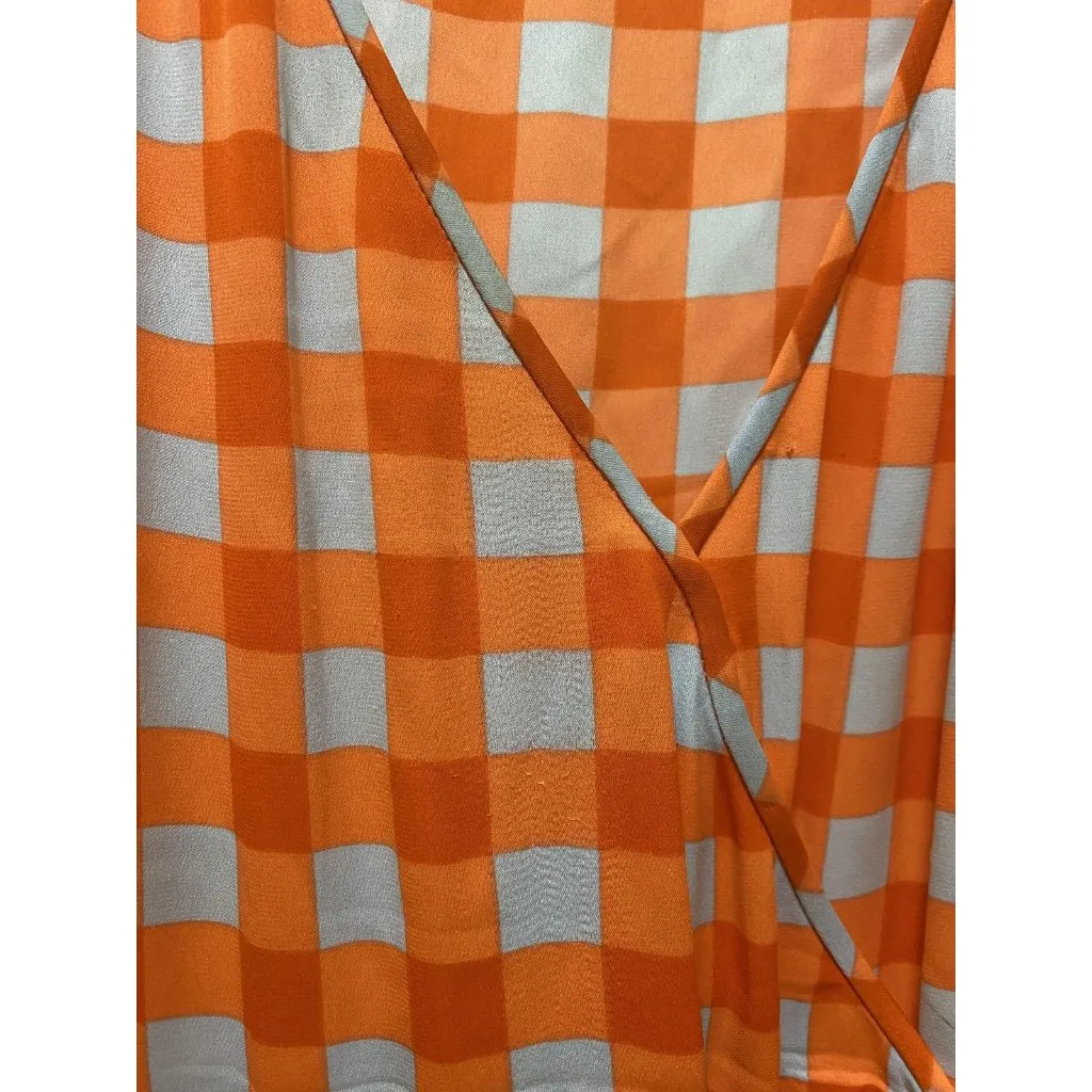 Diane von Furstenberg Dress Womens 10 Orange Blue Gingham Wrap Ruffle Midi - Image 5