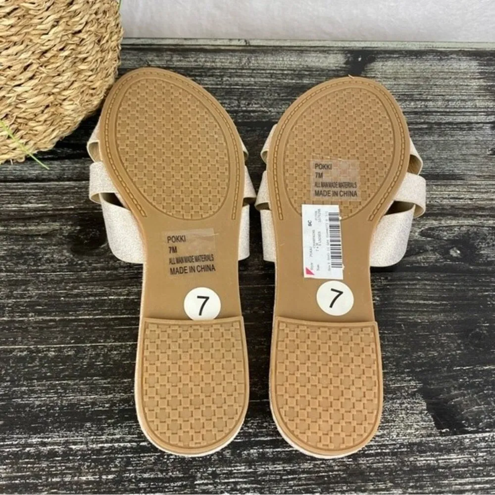 Sugar Tan & Gold Slip On Flat Pokki Sandal Shoes NEW 7 - Image 4