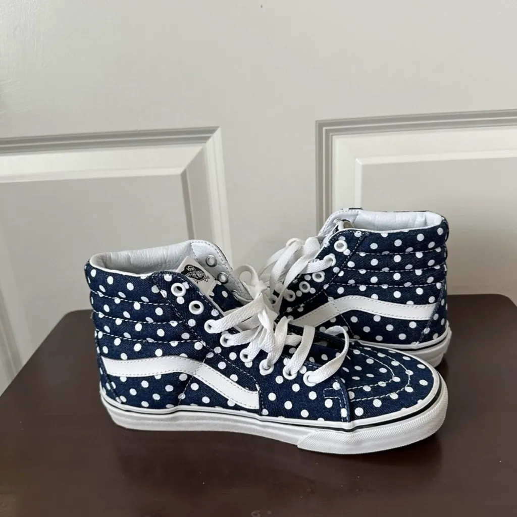 Vans High Top Blue Denim White Polka Dot Skate Shoes Sneakers Womens 7.5 Mens 6 - Image 3