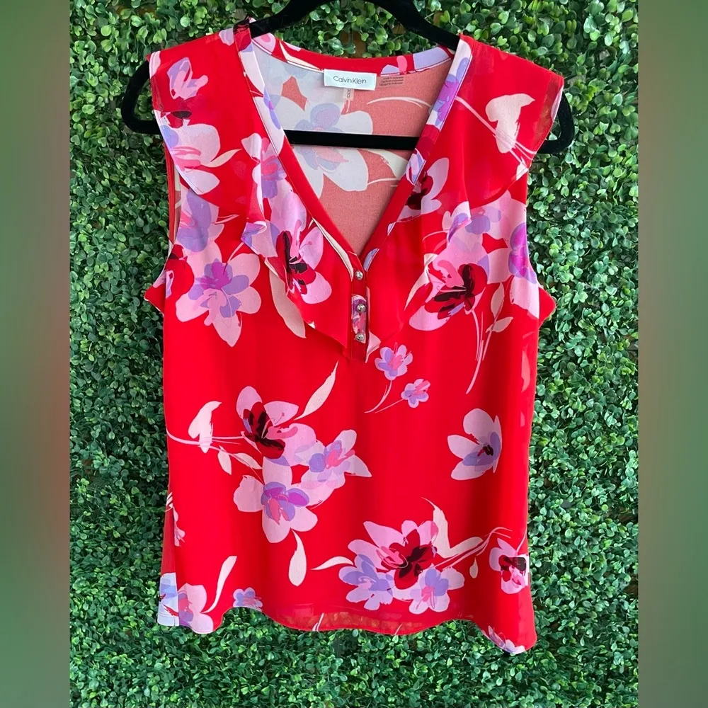 Calvin Klein - Red Floral Blouse | Medium - Flutter Sleeve - Image 2