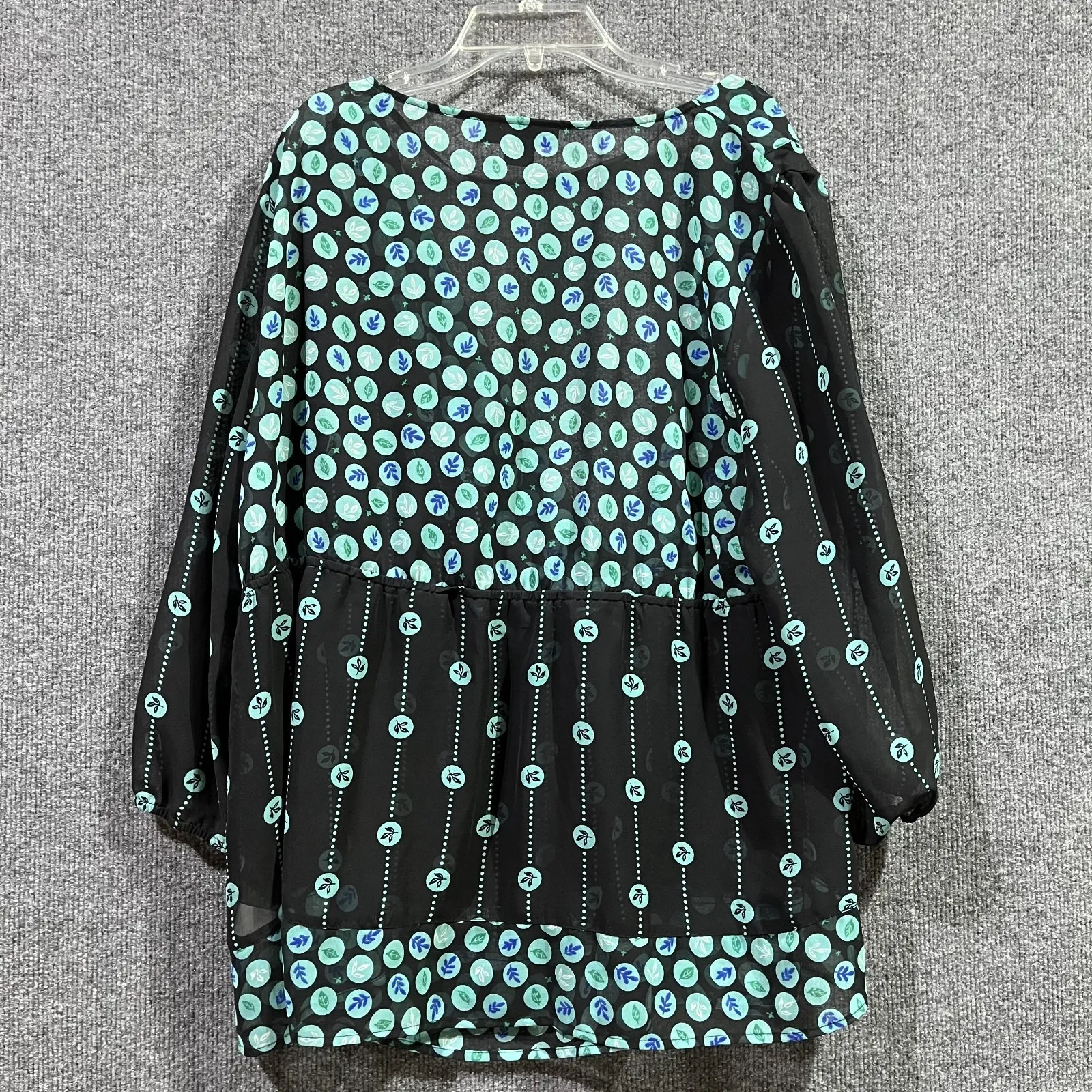 Style & Co Tunic Top Womens 18W Black Leaf Polka Dot Sheer Lace Trim Puff Sleeve - Image 2