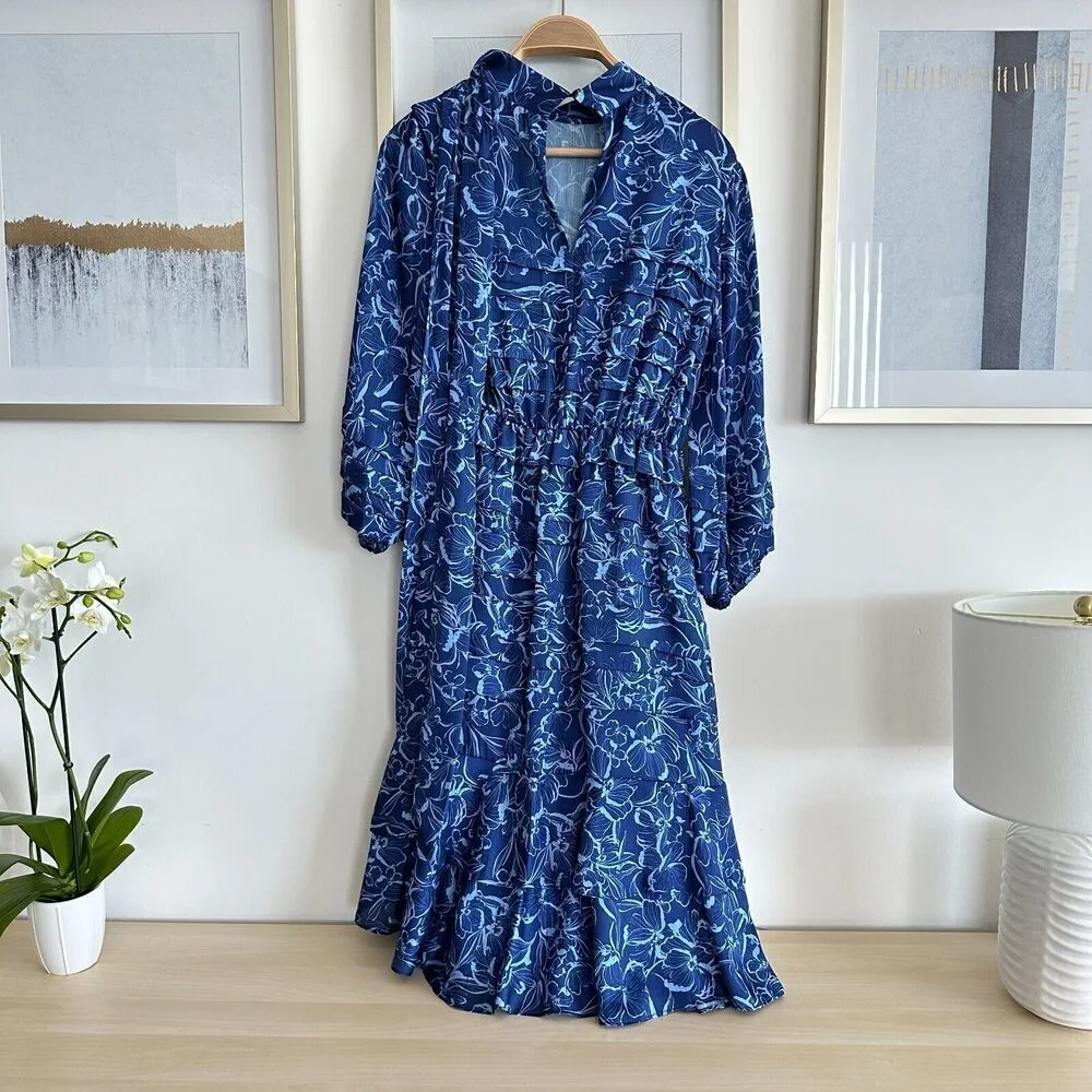 Sachin & Babi Dress Womens 2 Brielle Floral Print Tiered Tie Neck Satin Midi - Image 6