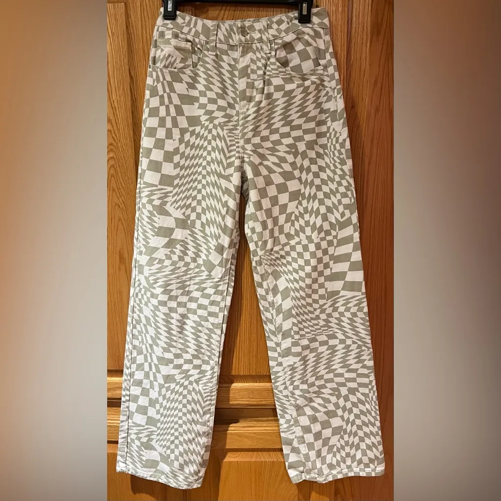 RSQ by Tilly’s Green & Off-White Wavy Check‎ Wide Leg Denim Jeans Size 26 - Image 5