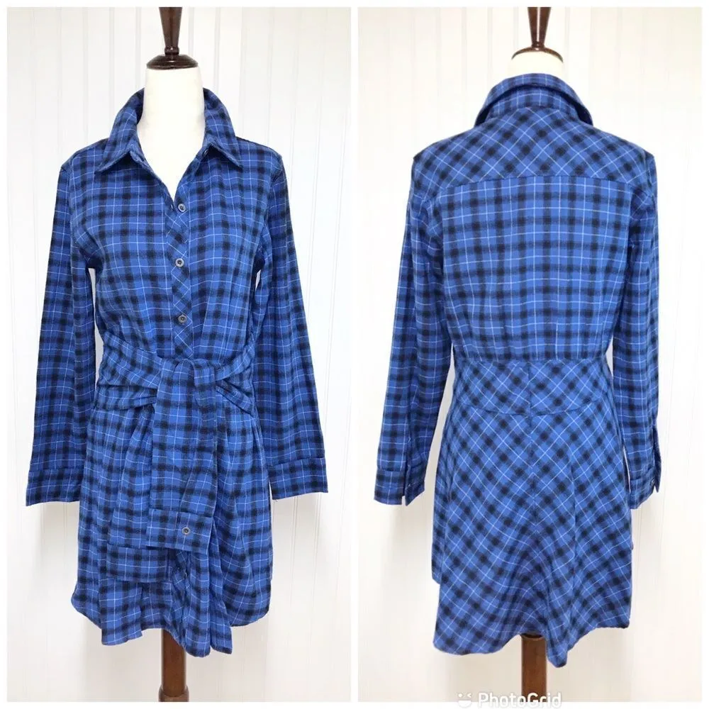 STEVE MADDEN Blue Plaid Shirt Dress Long Sleeve Button Front Black Size XS‎ New - Image 2