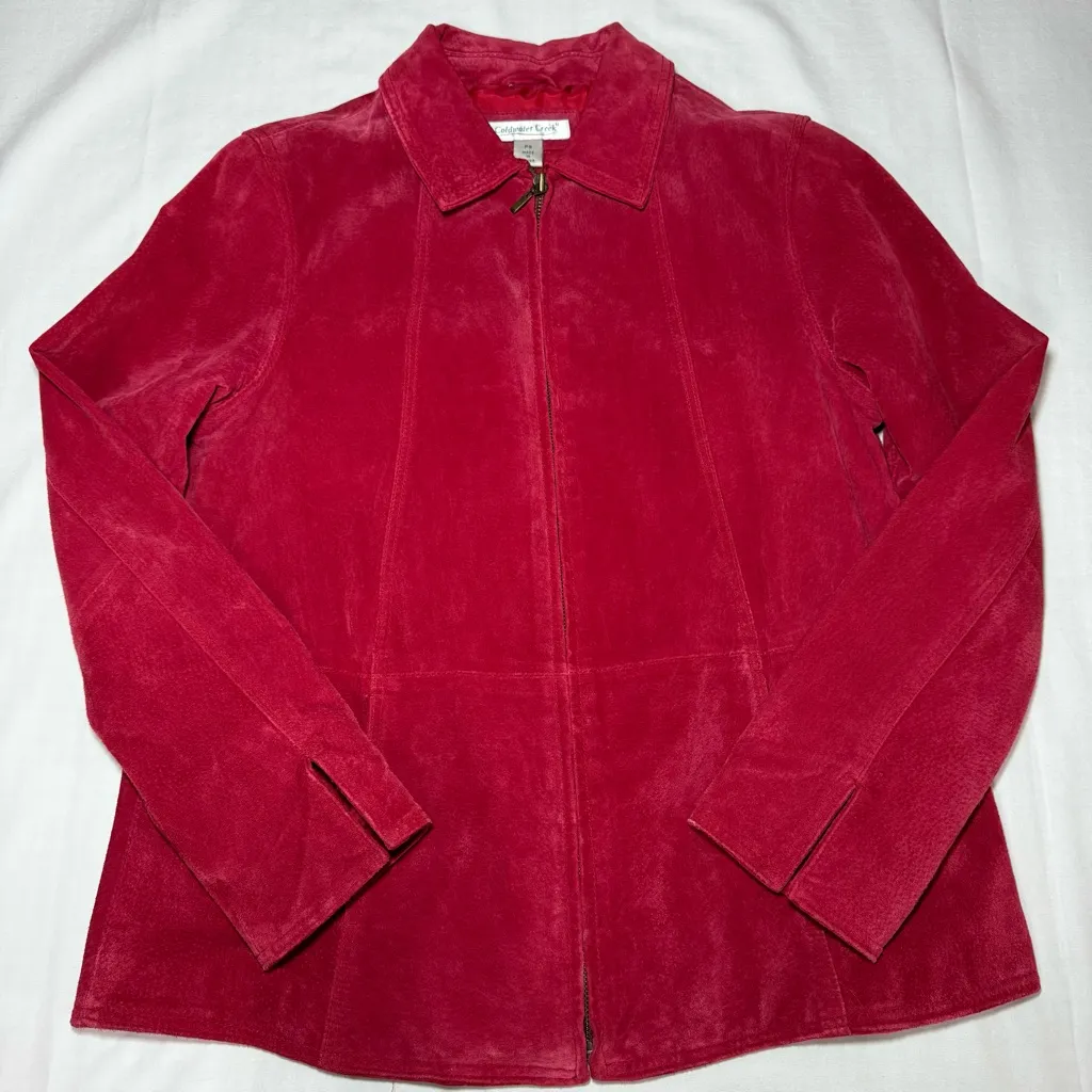 Coldwater Creek Red Suede Leather Zipper Jacket Lined Casual Biker Petite Small - Image 1