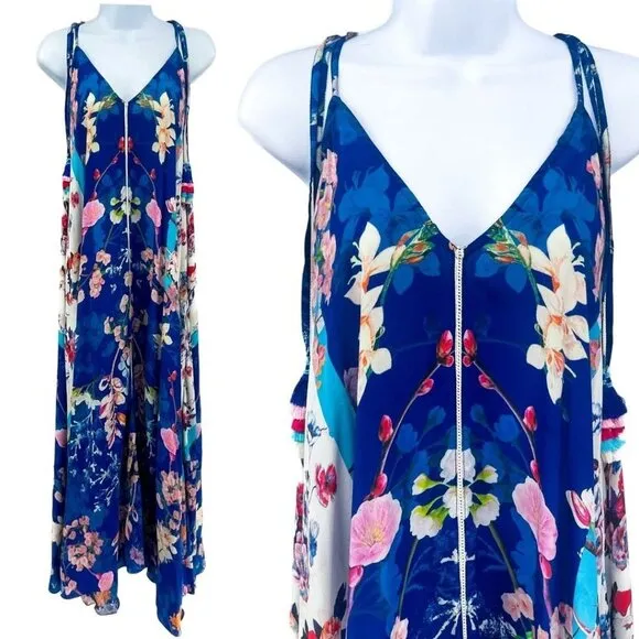 Rococo Sand Floral Print 100% Silk Tassel Sleeveless Asymmetrical Maxi Dress XS Blue - Image 2