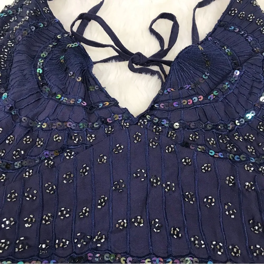 FREE PEOPLE Tulle Flutter Mini Dress Beaded Backless Navy Black Size‎ Large New - Image 6