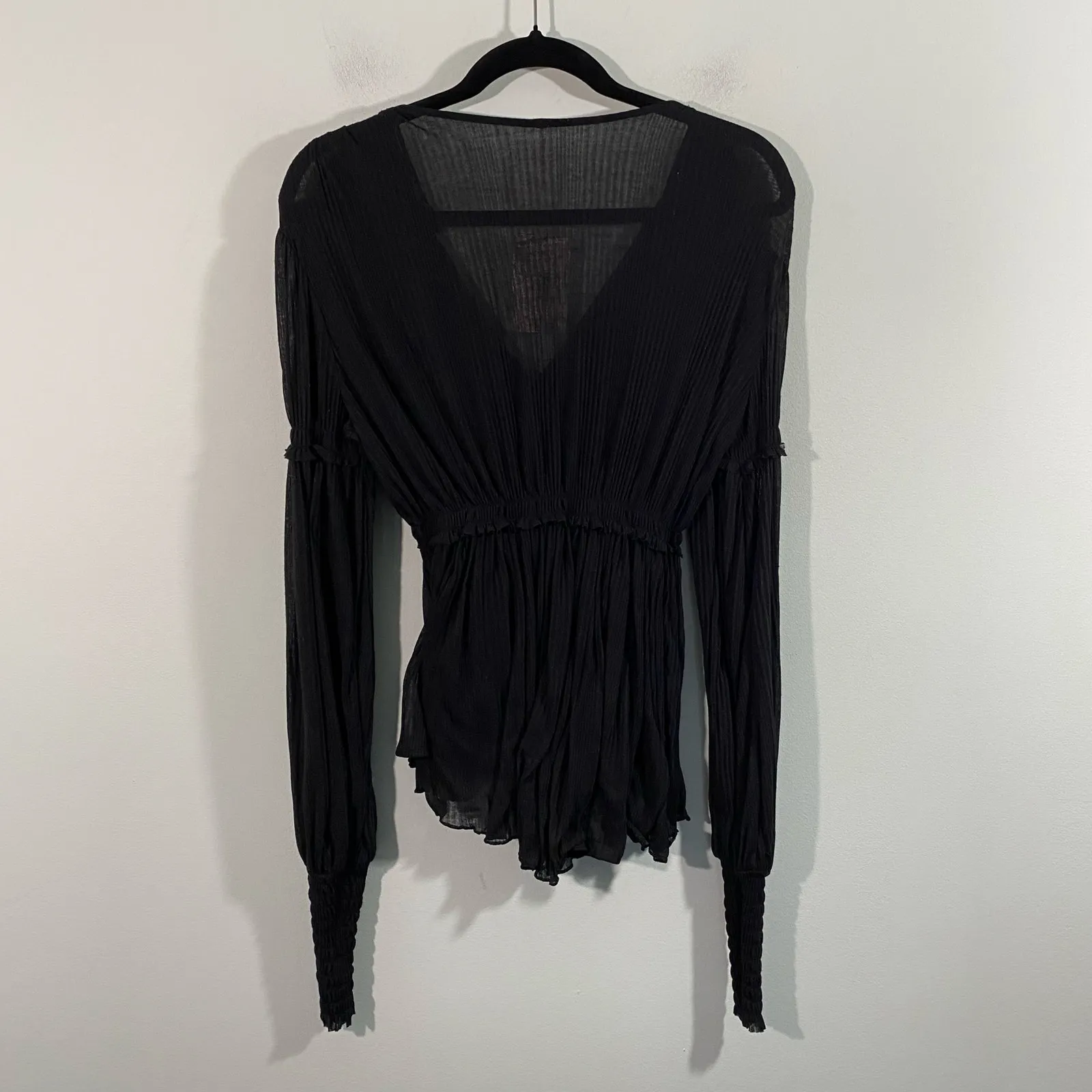 Free People Black V-neck Balloon Sleeves Long Sleeve Boho Blouse Sz S #OB1005811 - Image 7