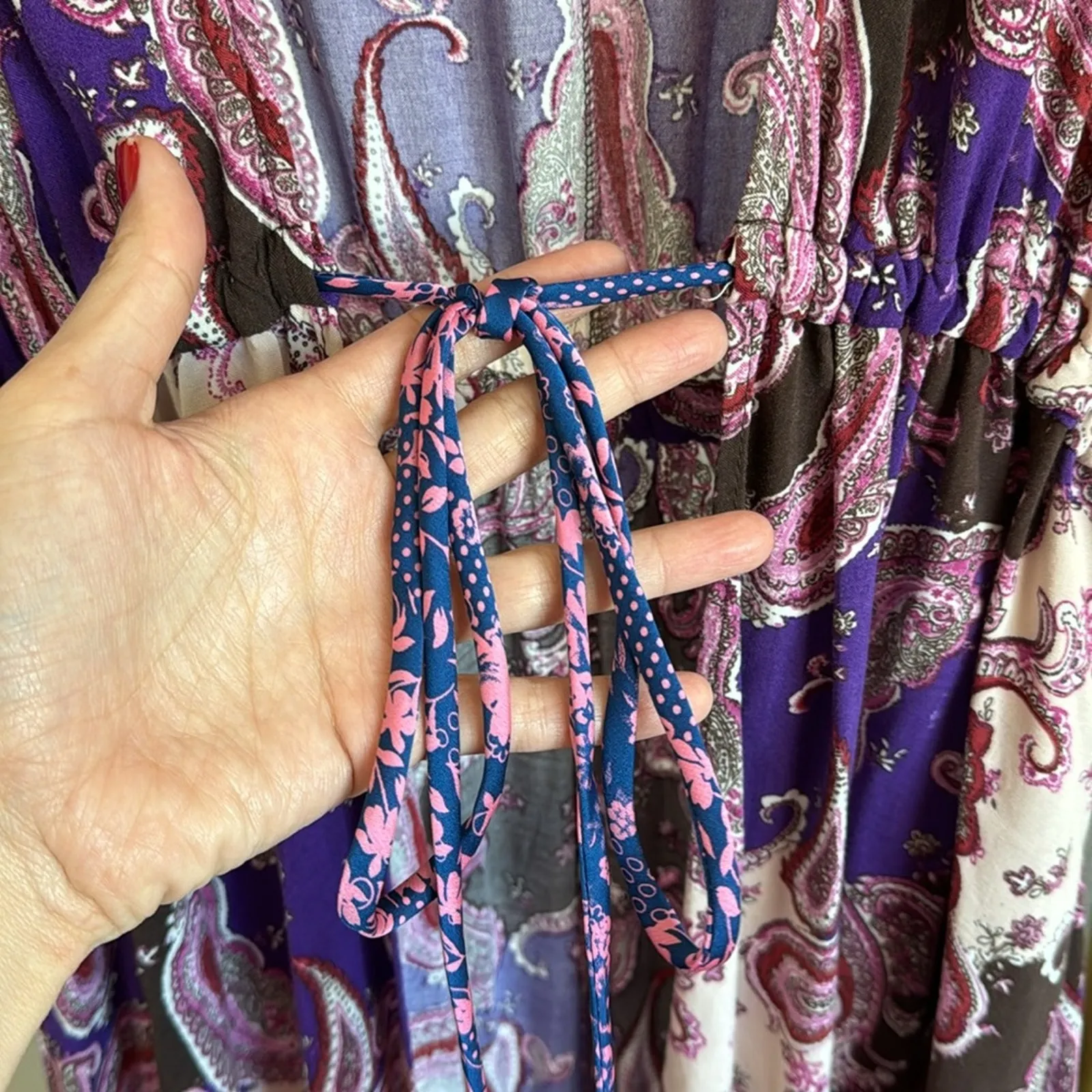 Meghan LA paisley tie waist kimono duster length brown pink purple maxi sz S - Image 4