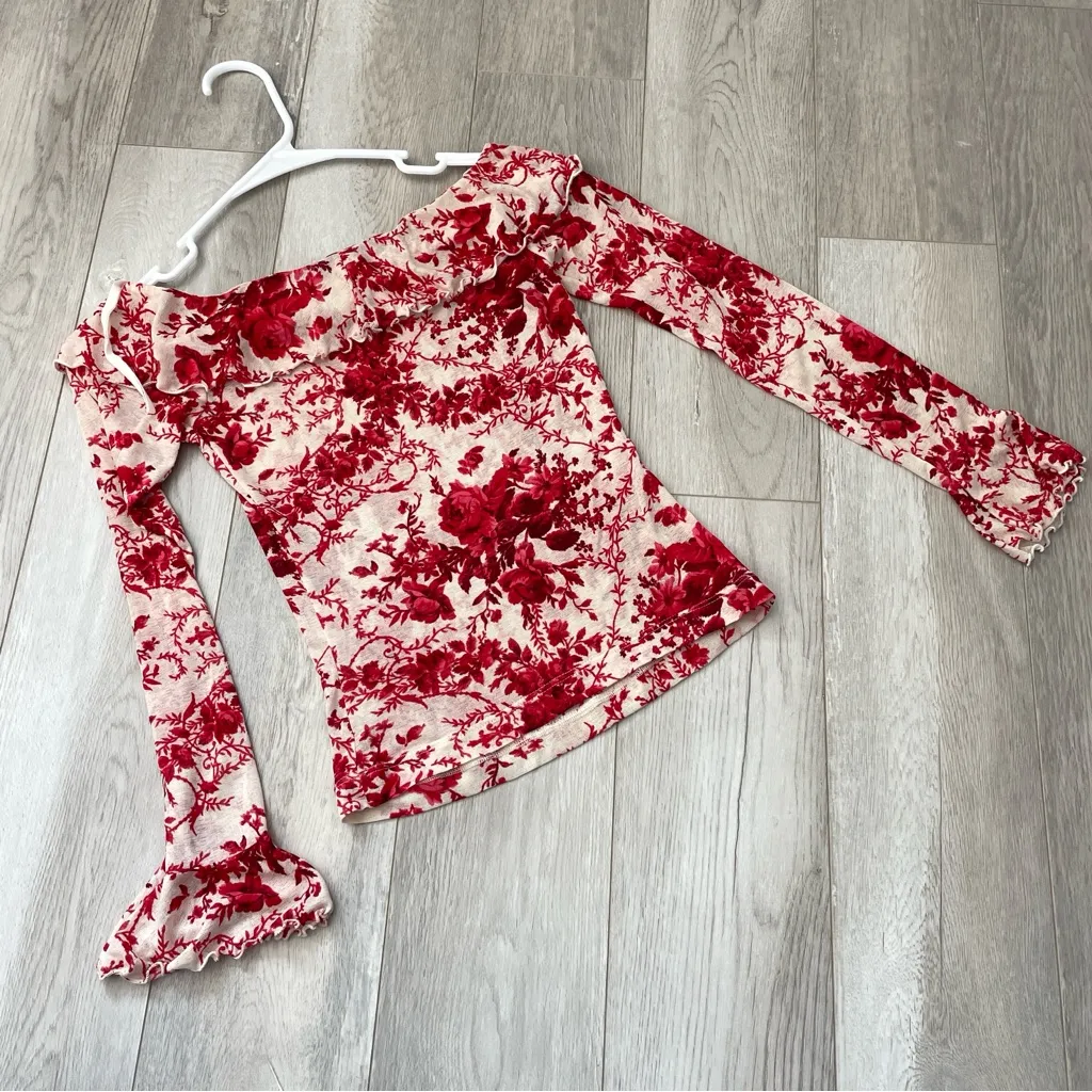 Vintage Mesh Top off shoulder floral crop womens Red Cream (small) y2k romantic - Image 4