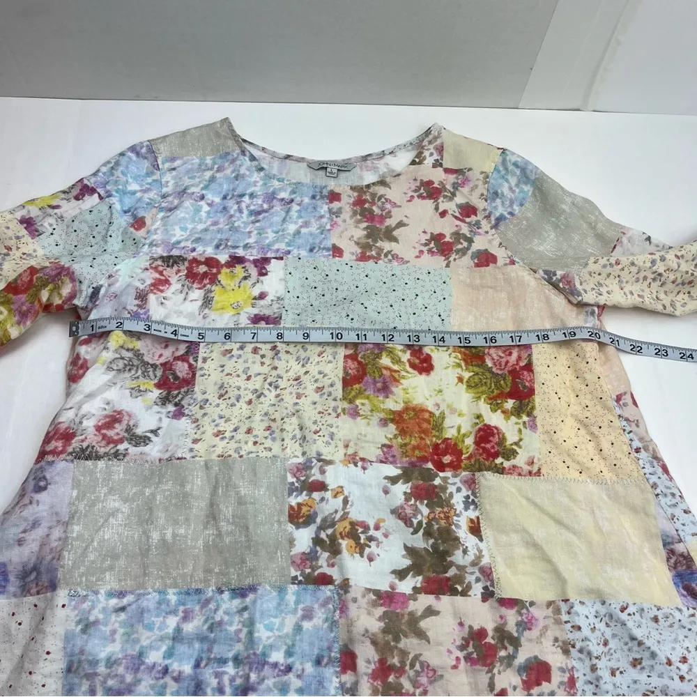 John Mark Large Patchwork Floral 100% Linen Tunic Top Hi Low Hem Flutter Sleeves - Image 9