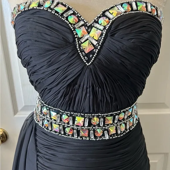 Jolene Chiffon Strapless Jeweled Chiffon‎ Tail Ruched Cocktail Dress Sz 6 $390 Black - Image 7
