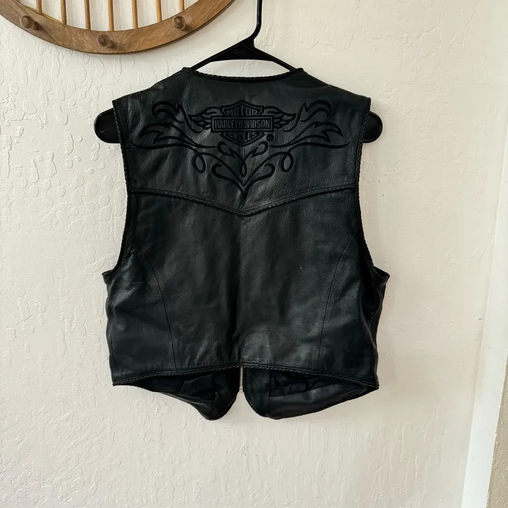 Harley Davidson Womens L Genuine Leather Zip Pocket Vest Biker Motorcycle Vtg - Image 7