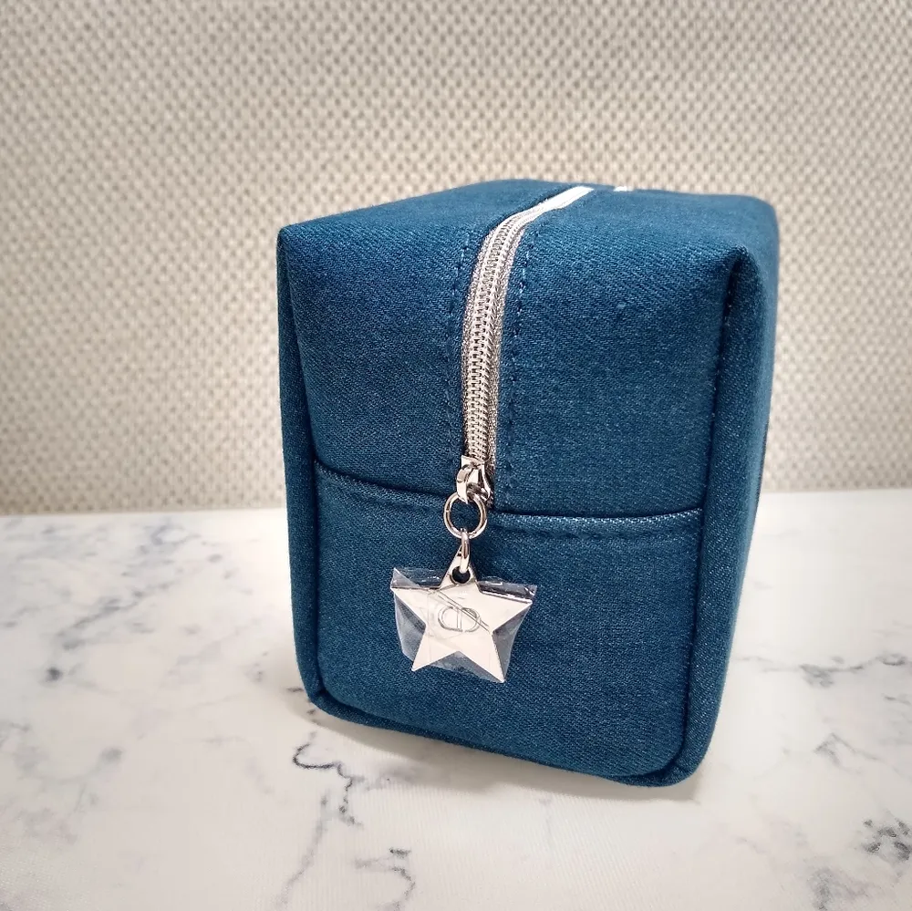 DIOR Denim Embroidered Cosmetic Zipper Trousse Pouch Makeup Cosmetics Bag New - Image 4