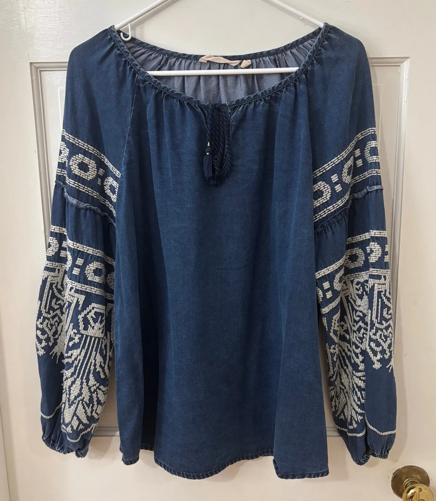 Soft Surroundings Denim Blue Embroidered Boho Artsy Oversize Peasant Top S - Image 1