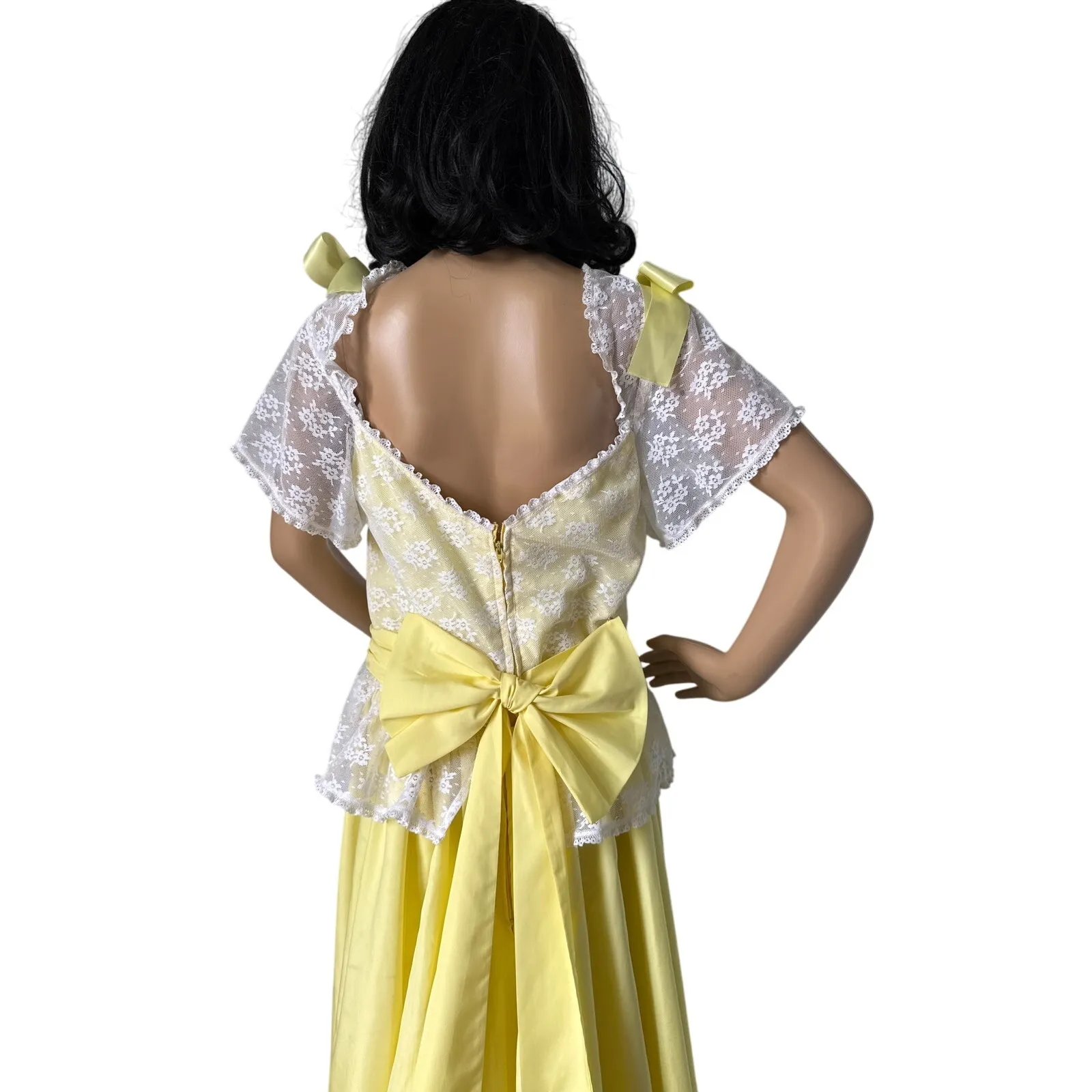 American vintage OOAK yellow white lace formal gown flutter sleeves bow medium - Image 8