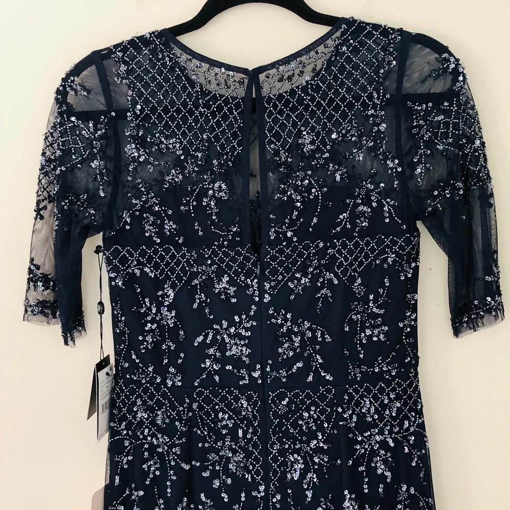 New Adrianna Papell Blue Beaded Illusion Short Sheath Dress Embellished Size 4 - Image 7