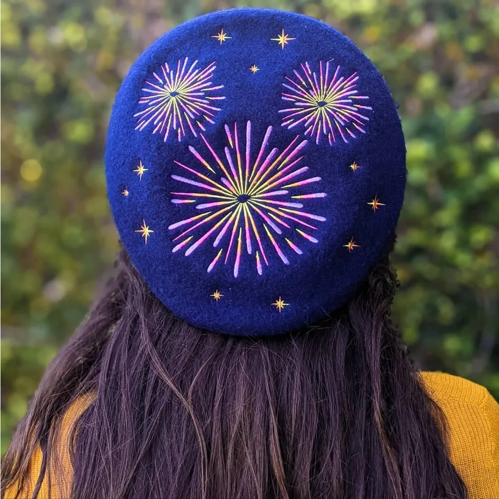 Disney Dark Blue Mickey Embroidered Fireworks Wool Beret - Image 8