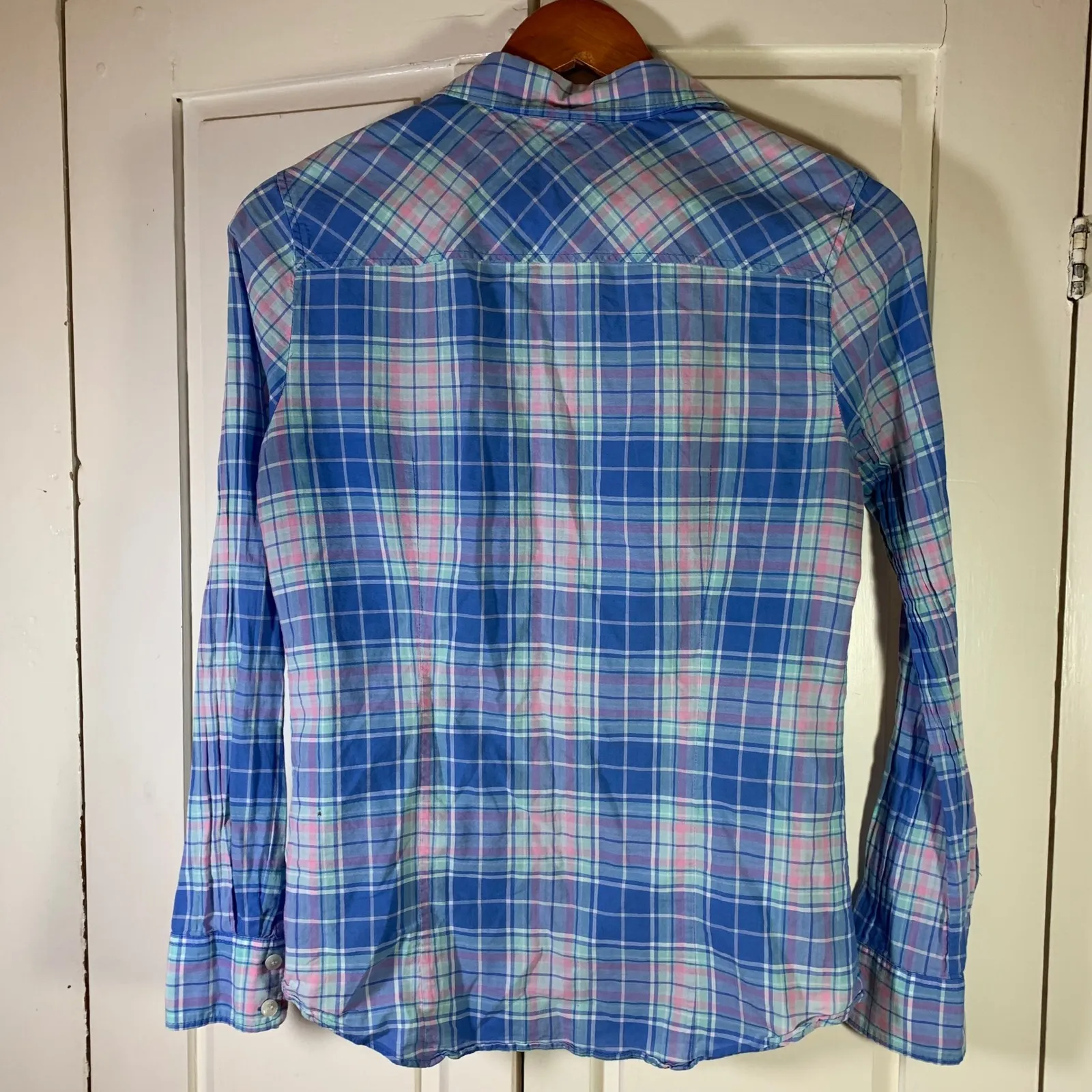 J. Crew Perfect Shirt Womens Blue Pink Green Plaid Button Down Casual Size S - Image 4