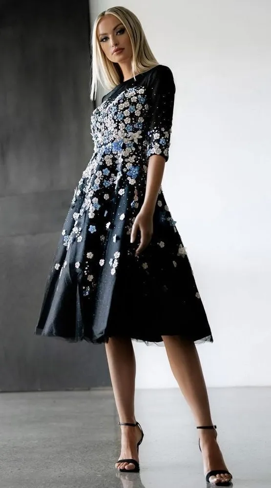 NWOT FLORAL EMBROIDERED A-LINE TEA-LENGTH COCKTAIL DRESS 11161 - Image 2