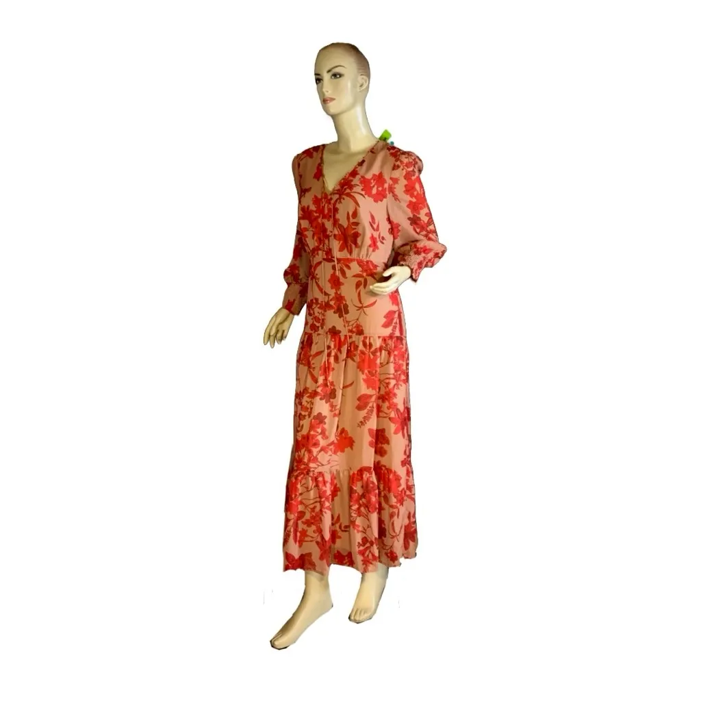 SAM EDELMAN RED & TAN FLORAL PRINT CHIFFON MAXI DRESS NWT (6) - Image 3